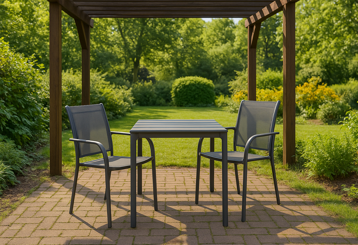 Απεικονίζονται δύο πολυθρόνες σε έναν κήπο, μαζί με ένα τραπέζι.